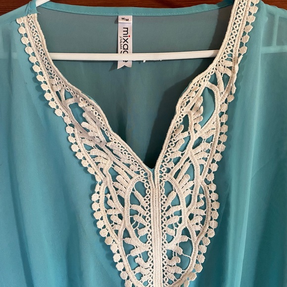 Blouse with detailed trim in light blue teal, size medium. - Picture 2 of 4